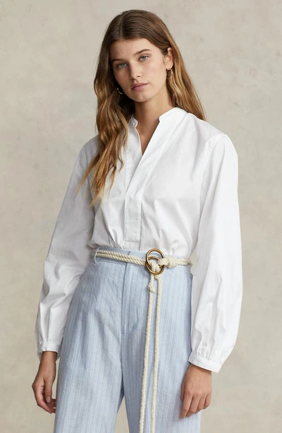 Shop Polo Ralph Lauren Sina Split Neck Long Sleeve Cotton Blouse In White