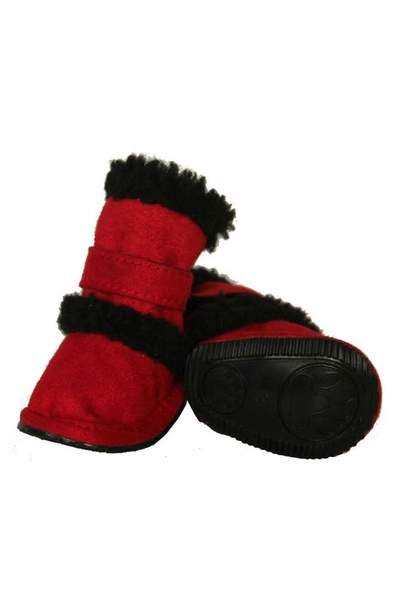 Shop Pet Life Faux Shearling & Suede "duggz" Dog Shoes In Red And Black