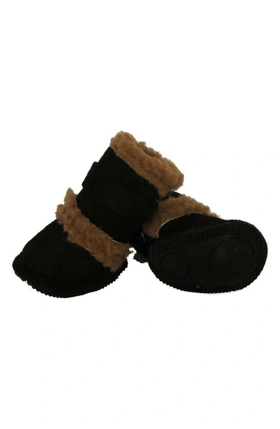 Shop Pet Life Faux Shearling & Suede "duggz" Dog Shoes In Black And Brown