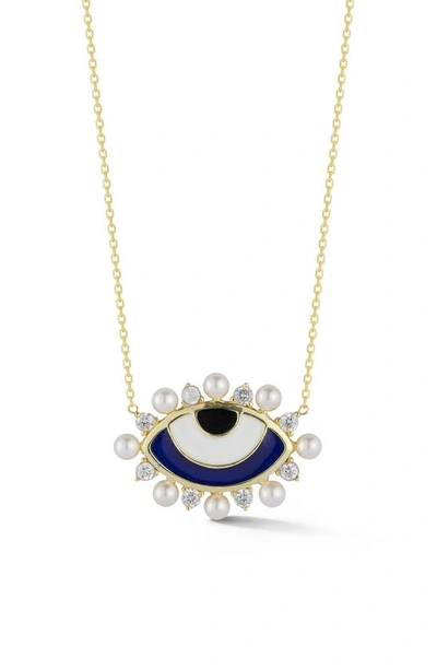 Sphera Milano Cz & Imitation Pearl Evil Eye Pendant Necklace In Gold