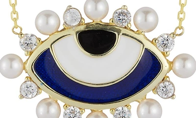 Sphera Milano Cz & Imitation Pearl Evil Eye Pendant Necklace In Gold