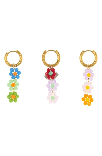 Shop Ayounik Set Of 3 Beaded Floral Drop Huggie Hoop Earrings In Gold Multi