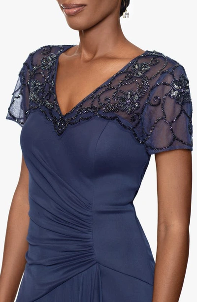 Shop Xscape Beaded Short Sleeve Ruched Gown In Charcoal