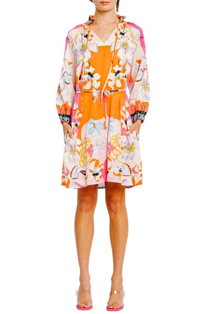 Ciebon Drea Floral Print Long Sleeve Minidress In White Multi