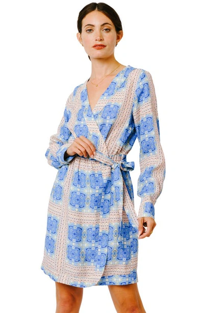Shop Ciebon Rachelle Long Sleeve Wrap Minidress In Blue Multi