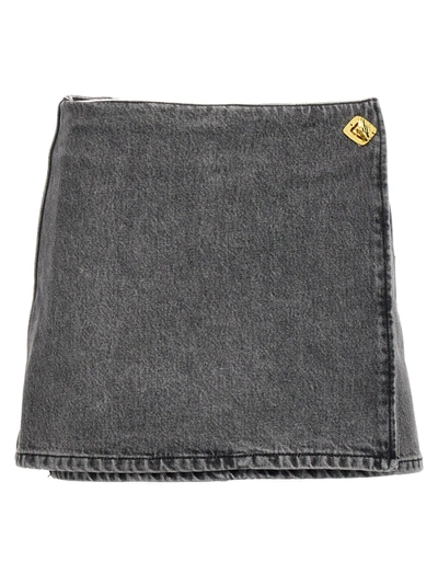 Shop Ganni Jewel Button Denim Skirt In Gray