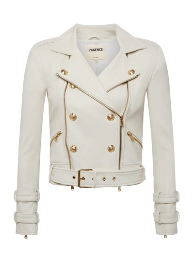 Shop L Agence Billie Belted Leather Jacket In Ivory