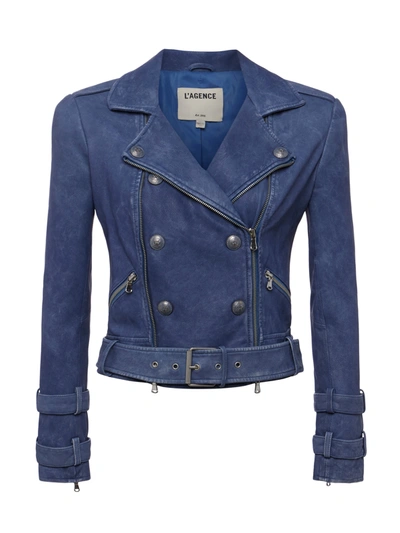 Shop L Agence Billie Belted Leather Jacket In Washed Indigo