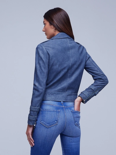 Shop L Agence Billie Belted Leather Jacket In Washed Indigo