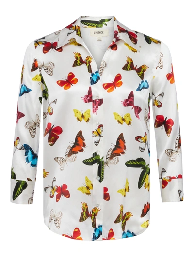 L Agence Dani Three Quarter Sleeve Butterfly Print Silk Blouse In White Multi Butterflies