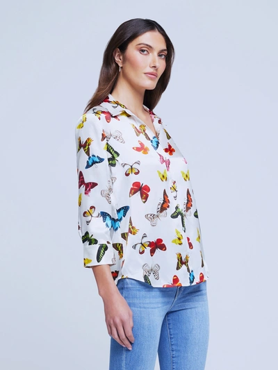 L Agence Dani Three Quarter Sleeve Butterfly Print Silk Blouse In White Multi Butterflies