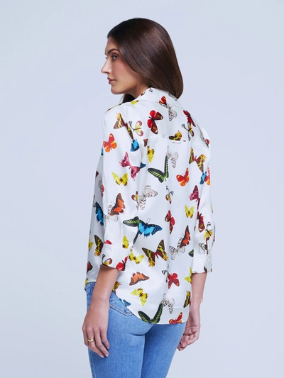 L Agence Dani Three Quarter Sleeve Butterfly Print Silk Blouse In White Multi Butterflies