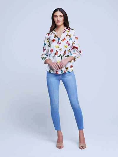 L Agence Dani Three Quarter Sleeve Butterfly Print Silk Blouse In White Multi Butterflies