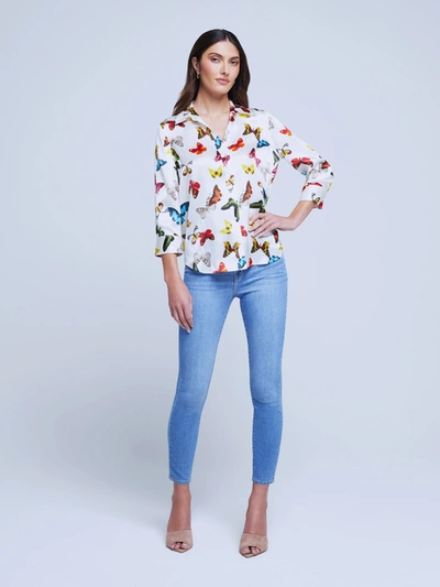 L Agence Dani Three Quarter Sleeve Butterfly Print Silk Blouse In White Multi Butterflies