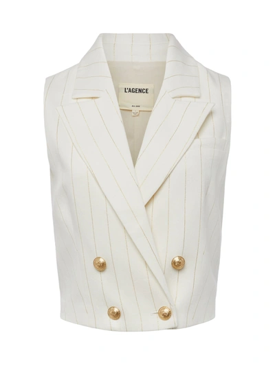 L Agence Fable Striped Double Breasted Vest In Ecru/gold