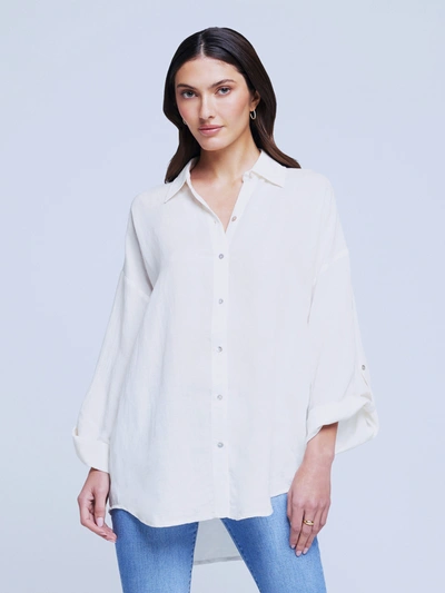L Agence Harbor Oversize Tab Sleeve Linen Blend Button-up Shirt In Ivory