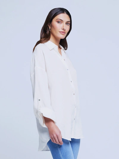 L Agence Harbor Oversize Tab Sleeve Linen Blend Button-up Shirt In Ivory