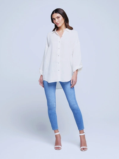 L Agence Harbor Oversize Tab Sleeve Linen Blend Button-up Shirt In Ivory