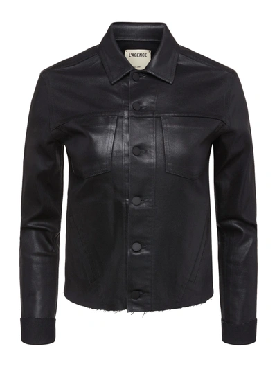 Shop L Agence Janelle Coated Denim Jacket In Saturated Black Coated