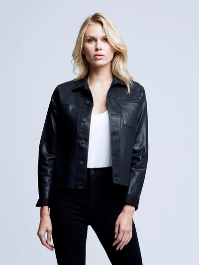 L Agence Janelle Glittered Coated Denim Jacket In Saturated Black Coated