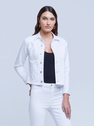 L'agence Janelle Slim Cropped Jean Jacket With Raw Hem In Blanc