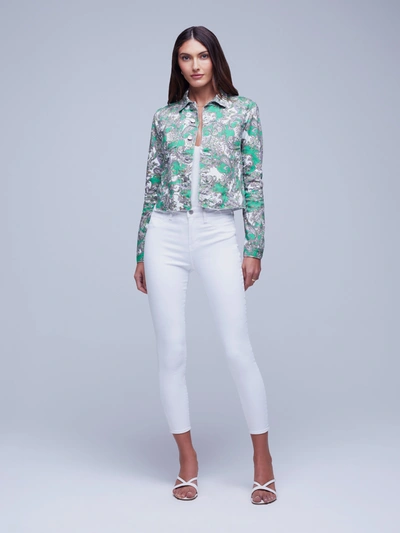 L'agence Women's Janice Paisley Cropped Denim Jacket In Grass Green Multi Small Paisley