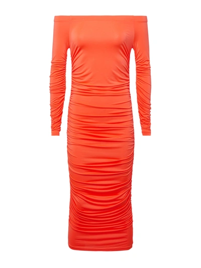 L'agence Kamali Ruched Off-shoulder Midi Dress In Neon Orange