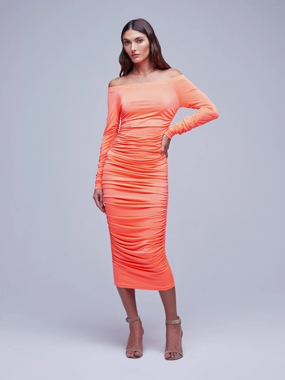 L'agence Kamali Ruched Off-shoulder Midi Dress In Neon Orange
