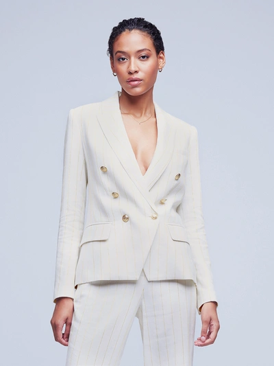L'agence Kenzie Double-breasted Leather Blazer In Ecru/gold
