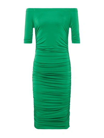 L Agence Sequoia Ruched Off-shoulder Midi Dress In Grass Green