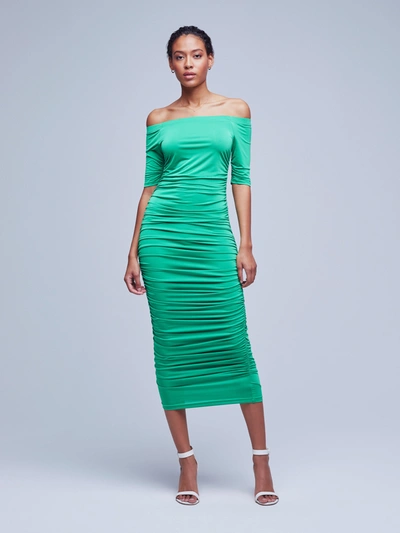 L Agence Sequoia Ruched Off-shoulder Midi Dress In Grass Green
