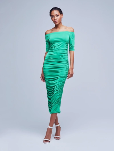 L Agence Sequoia Ruched Off-shoulder Midi Dress In Grass Green