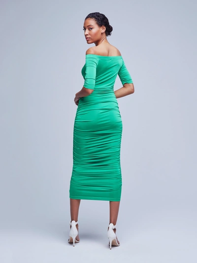 L Agence Sequoia Ruched Off-shoulder Midi Dress In Grass Green