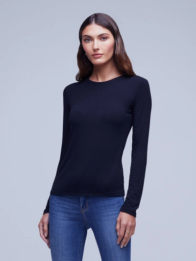 Shop L Agence Tess Long Sleeve Tee In Black Micro Modal