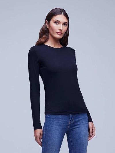 Shop L Agence Tess Long Sleeve Tee In Black Micro Modal