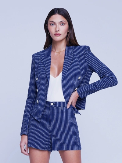 Shop L Agence Wayne Linen Blazer In Navy/natural Stripe