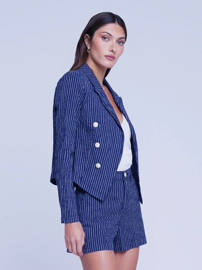 Shop L Agence Wayne Linen Blazer In Navy/natural Stripe