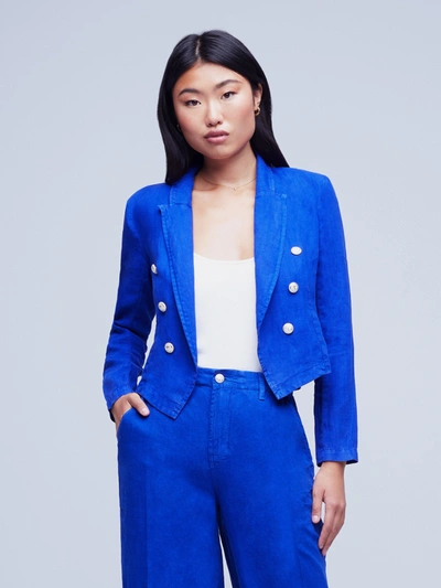 Shop L Agence Wayne Linen Blazer In Surf Blue