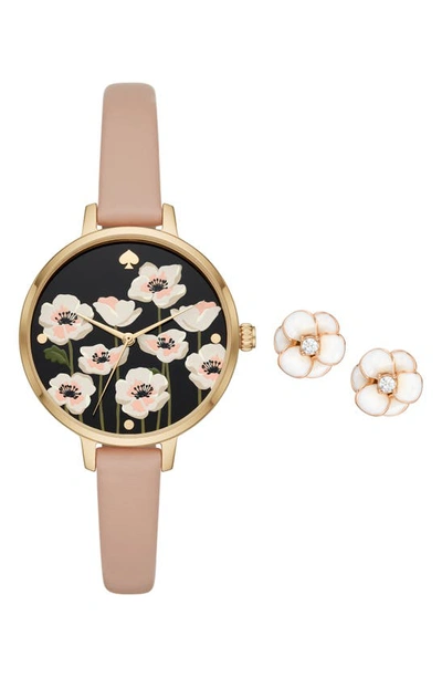Shop Kate Spade Three-hand Quartz Leather Strap Watch & Earrings Set In Gold