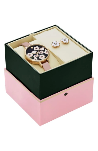 Shop Kate Spade Three-hand Quartz Leather Strap Watch & Earrings Set In Gold