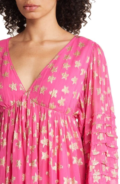 Shop Ciebon Sallie Metallic Star Print Long Sleeve Minidress In Neon Pink