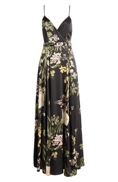 Shop Lulus Still The One Floral Faux Wrap Gown In Black Floral
