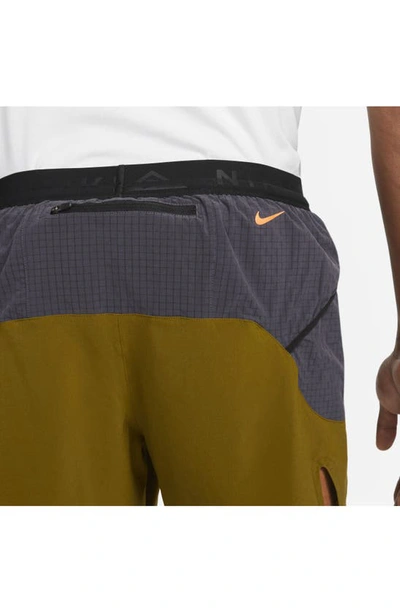Shop Nike Second Sunrise 5-inch Brief Lined Trail Running Shorts In Olive/ Gridiron/ Mandarin