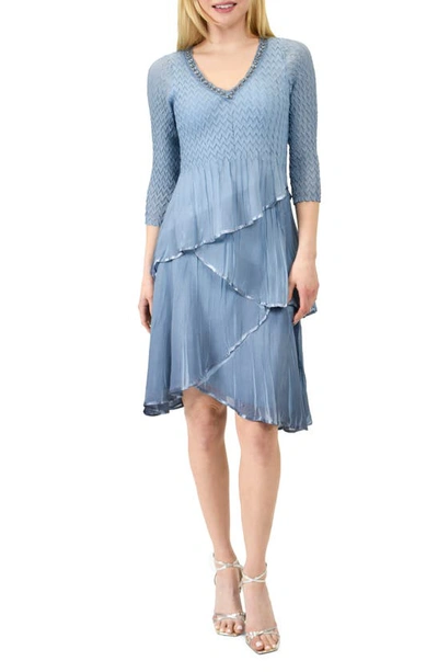 Shop Komarov Beaded Tiered Charmeuse & Chiffon Cocktail Dress In Cloud Blue Ombre