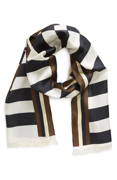 Shop Saint Laurent Stripe Logo Silk Scarf In Off White/ Multicolor
