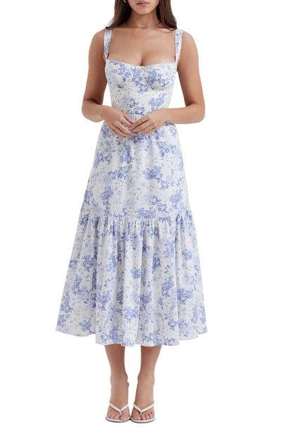 Shop House Of Cb Elia Floral Stretch Cotton Blend Corset Sundress In Blue Print Flower