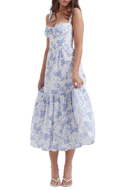 Shop House Of Cb Elia Floral Stretch Cotton Blend Corset Sundress In Blue Print Flower