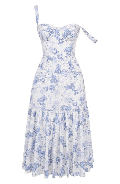 Shop House Of Cb Elia Floral Stretch Cotton Blend Corset Sundress In Blue Print Flower