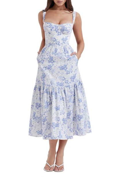 Shop House Of Cb Elia Floral Stretch Cotton Blend Corset Sundress In Blue Print Flower