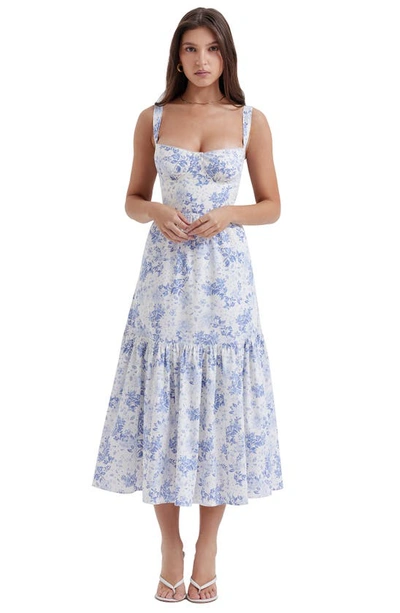 Shop House Of Cb Elia Floral Stretch Cotton Blend Corset Sundress In Blue Print Flower